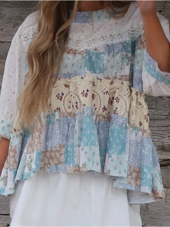 POL Tops - POL Boho Patchwork Tunic - Blue, Cream & Tan